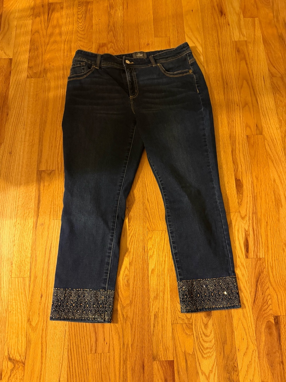 Chico's Dark Blue Ankle Jeans with Embroidered Cuffs size 10